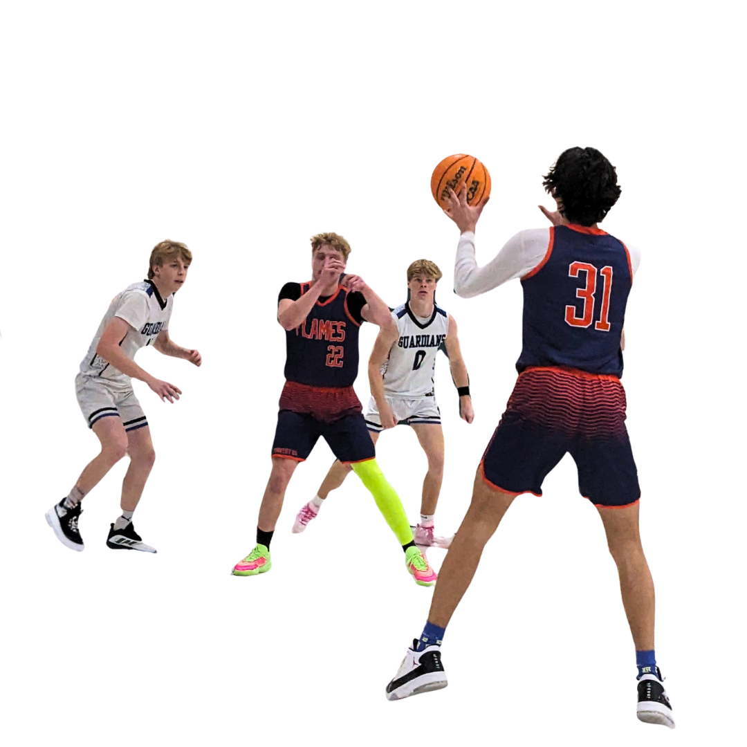 Flames basketball player driving to the basket