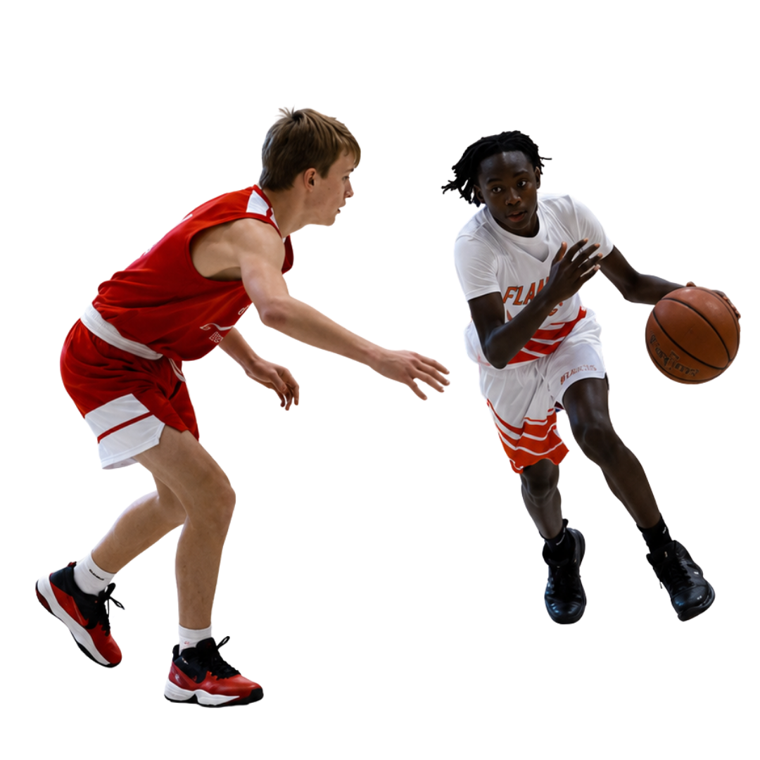 Flames basketball player driving to the basket